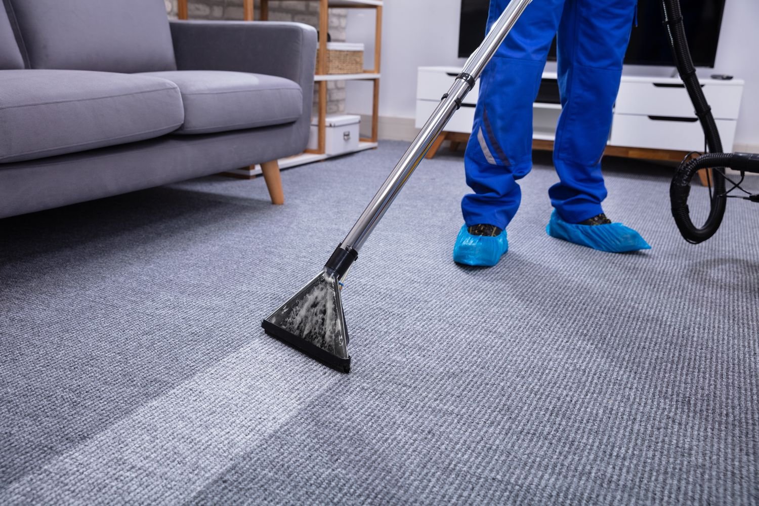 A person cleaning a carpet with a vacuum, highlighting a carpet cleaning service located in Chicago, IL.