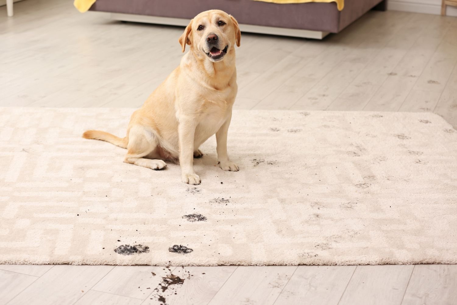 A dog is seated on a white rug with paw prints, symbolizing a pet mess removal service located in Chicago, IL.
